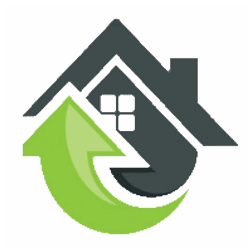 A graphic showing a stylized house with a grey roof and walls, and two arrows forming a circle around it, one green pointing up and one grey pointing down.